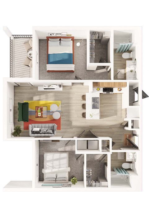 Floor plan for 2 beds, 2 baths, 1038 sqft